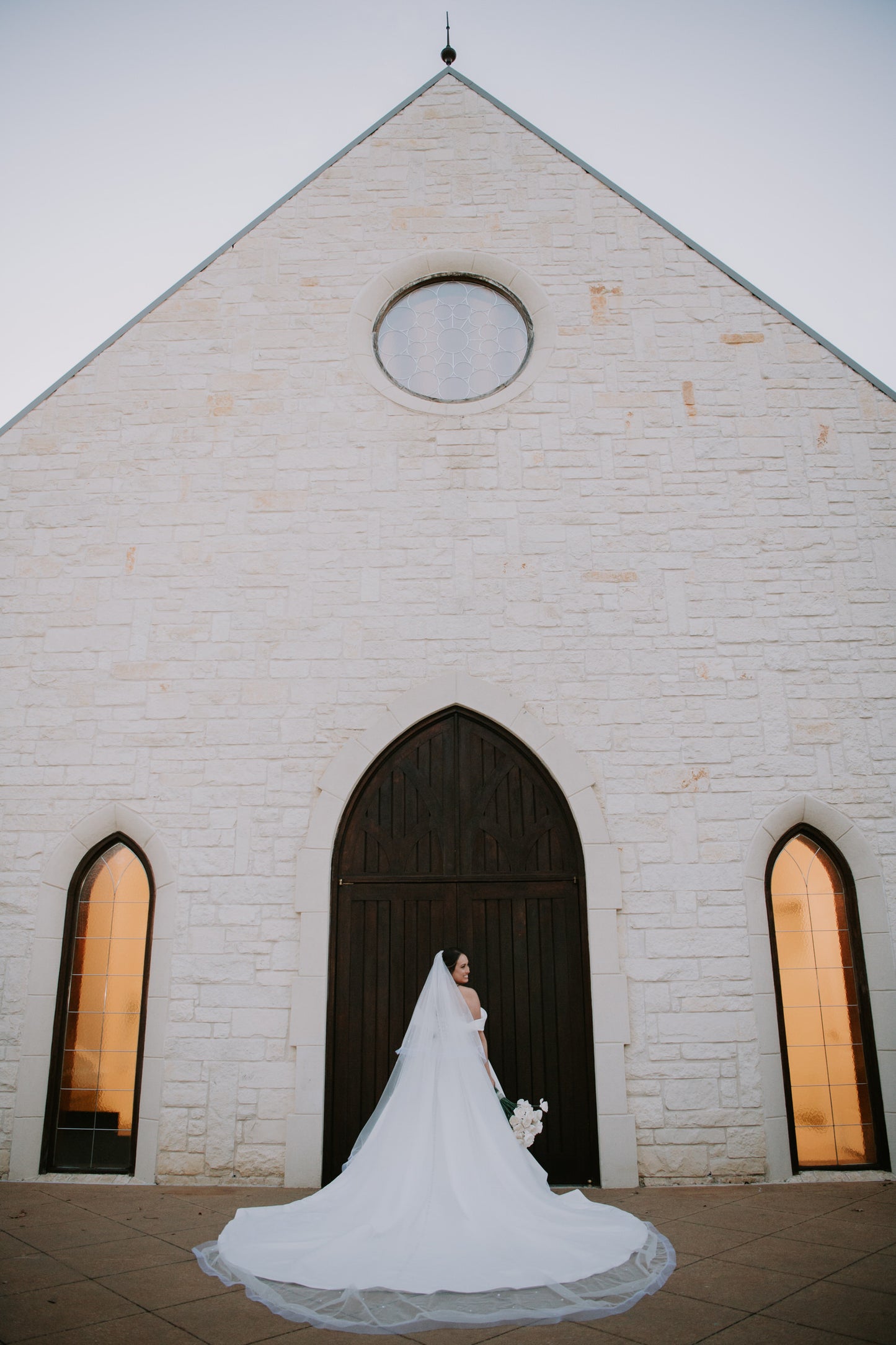 cathedral long bridal veil with blusher and off shoulder dress