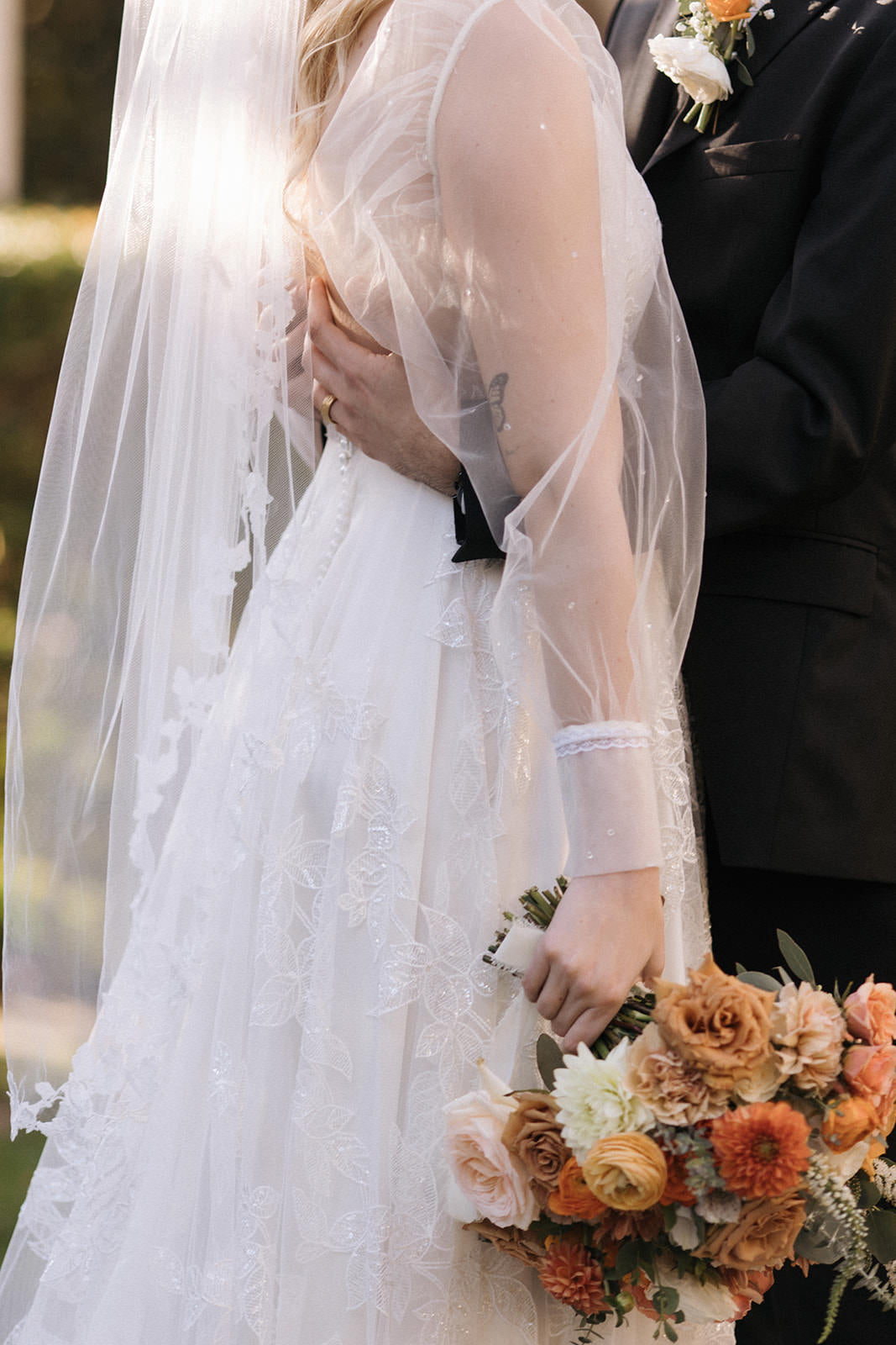 sheer wedding sleeves and leaf mid length wedding veil