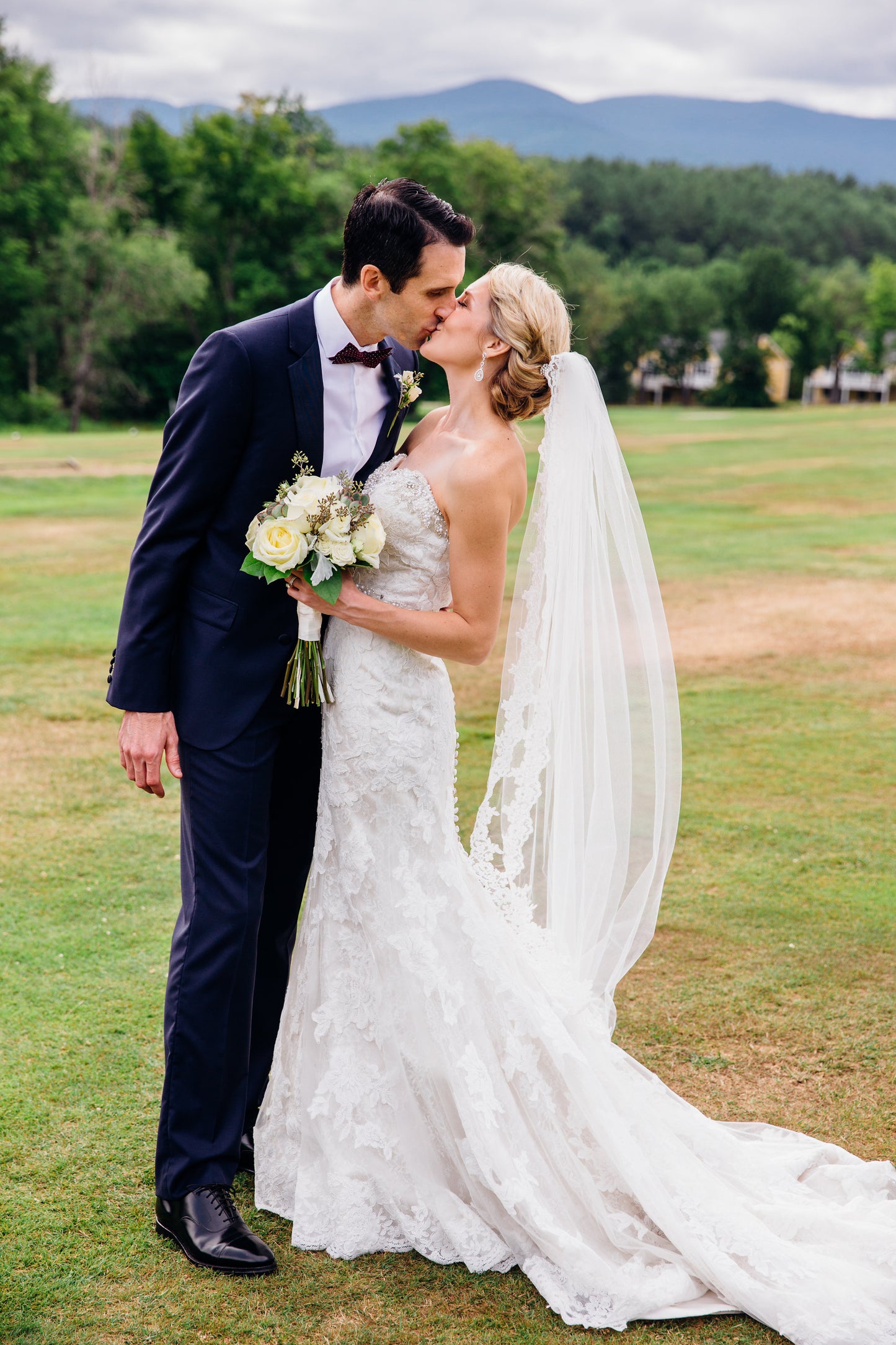 Outdoor Farmhouse Rustic Wedding, Bride with Updo and Lace Waltz Length Veil by One Blushing Bride