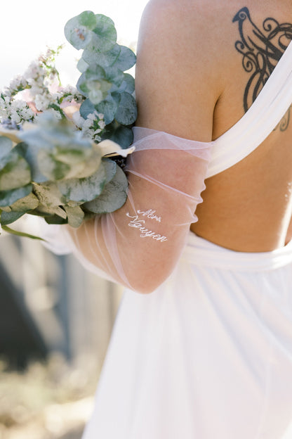 long fingerless bridal glove set with customized last name embroidery